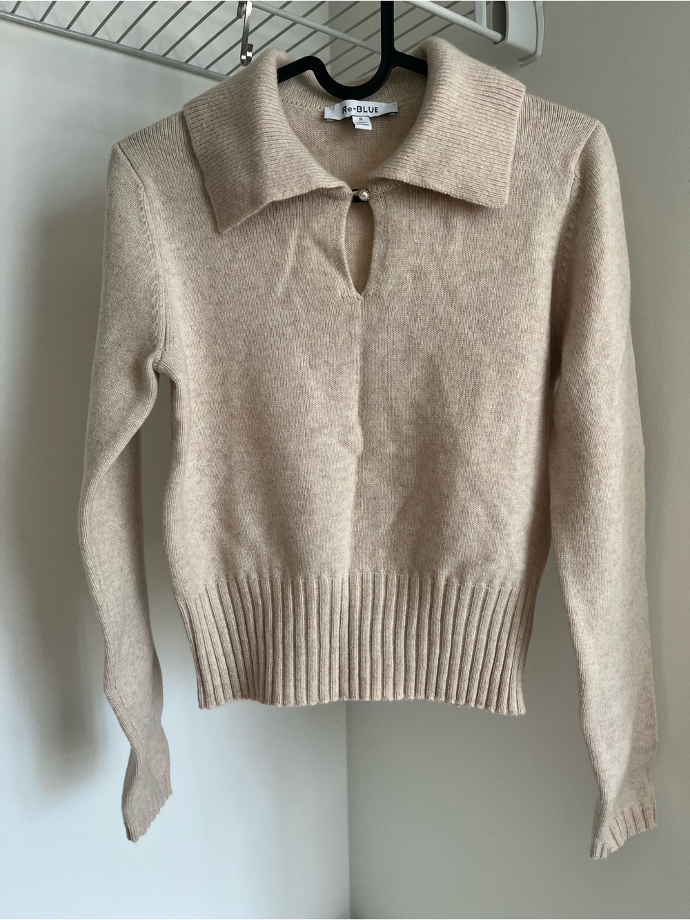 Re/Done Beige Collared V-Neck Sweater with Keyhole Detail